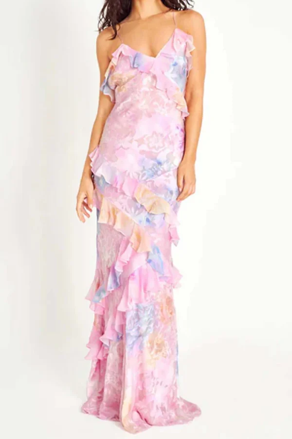 Ruffled Spaghetti Strap Backless Maxi Dress - Image 3