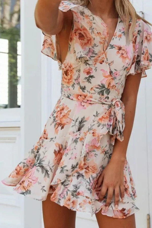 Swingy Ruffle Sleeve Floral Printed Beach Mini Wrap Dress