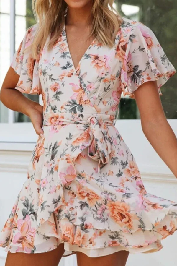 Swingy Ruffle Sleeve Floral Printed Beach Mini Wrap Dress - Image 3