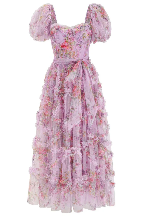 Fairytale Floral Tulle Puff Sleeve Bow Tie Layered Ruffle Maxi Gown Dress - Purple - Image 3